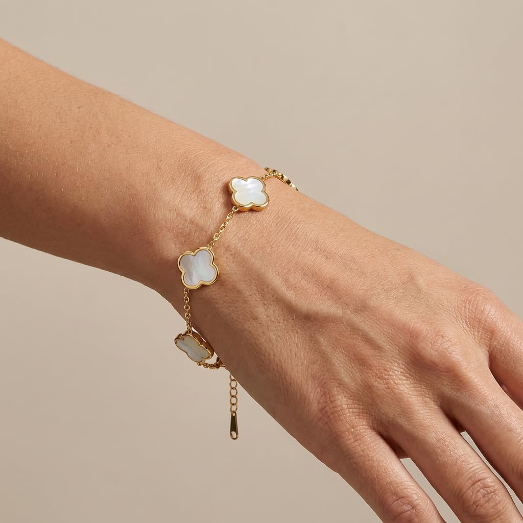 SHINYY Four Leaf Clover Bracelet for Women | 18K Gold Plated Cubic Zirconia Link Bracelet | 4 Leaf Lucky Jewelry Gift for Her (White Gold Simple)