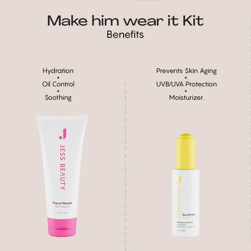 JESS BEAUTY | Make Him Wear It Kit Face Reset Cleanser 5 fl. oz, Sun Drops SPF 50+ Sunscreen Oil 1 fl. oz