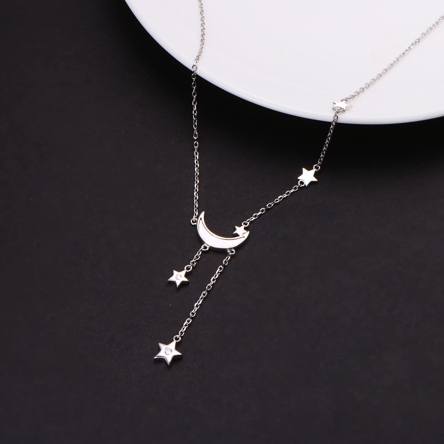 925 Sterling Silver Crescent Moon and Star Celestial Jewelry CZ White Oyster Shell Beads Mother of Pearl Pendant Necklace Rolo Chain 18 inches to 20 inches