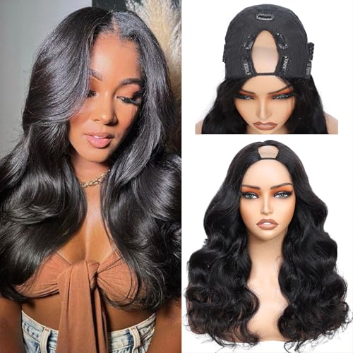 V Part Wig Human Hair Body Wave Upgrade U Part Human Hair Wig With Adjustable Drawstring 200% Density V Shape Clip In Half Wig For Women Natural Color 16 Inch