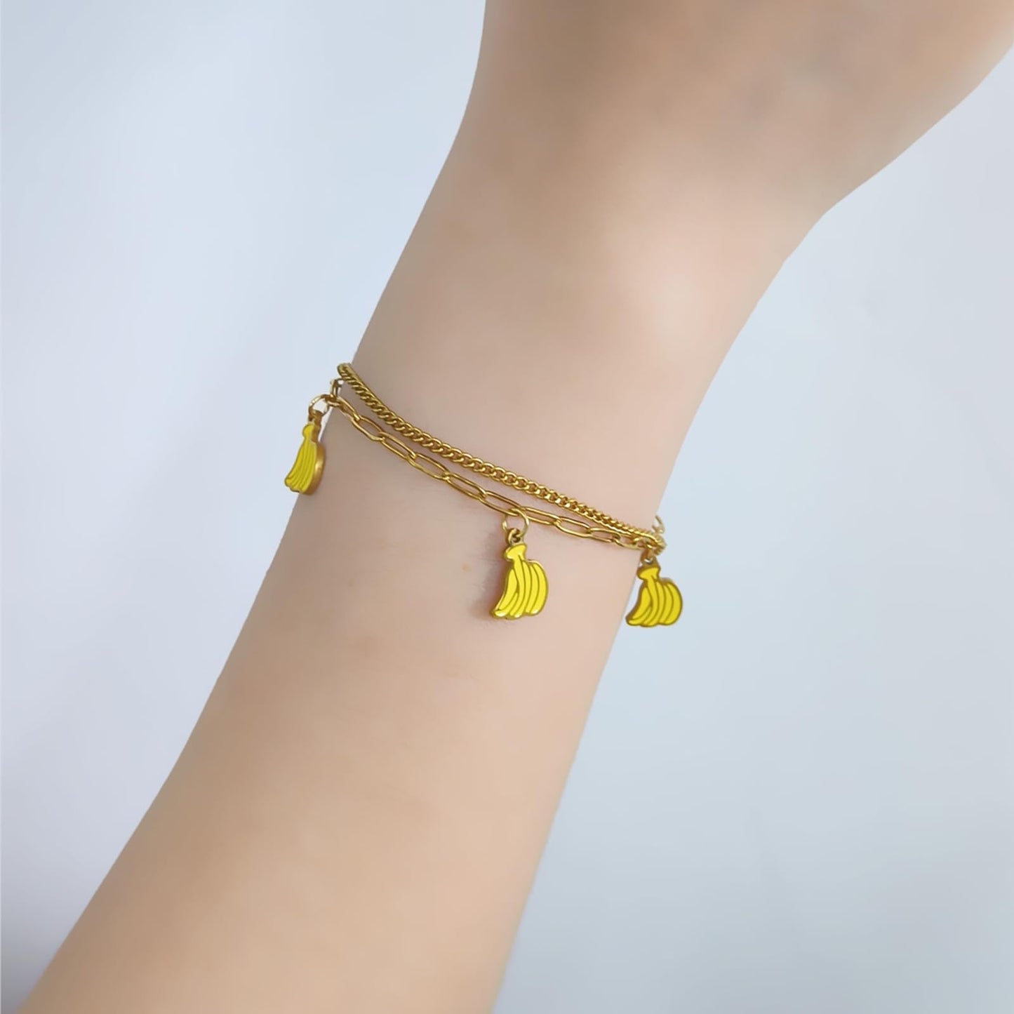 LCTrusttmor Gahna Banana Bracelets for Women, 18K Gold Plated Banana Fruit Charms with Adjustable Layered Chain Link for Women Summer Jewelry Gifts