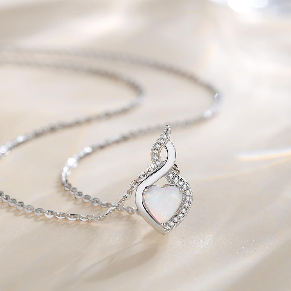 FANCIME Opal Necklace 14K Solid White Gold Heart Pendant with Diamond October Birthstone Necklace Birthday Gifts for Mom Women