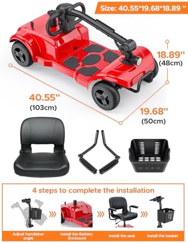 ENGWE Folding 4 Wheel Mobility Scooter,15 Mile Long Range, 250W Electric Powered Mobile Wheelchair for Seniors Adult with Detachable Basket, Front Light (Red, XL Cushion)