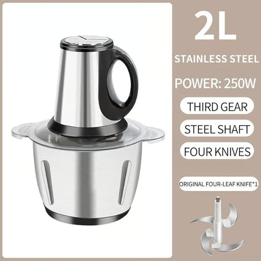Sakerplus Multifunctional Large Capacity Meat Grinder, 250W Electric Food Processor with 3 Speeds, 2L Stainless Steel Bowl & 4 Sharp Blades for Meat, Vegetables, Nuts (2L-stainless steel)