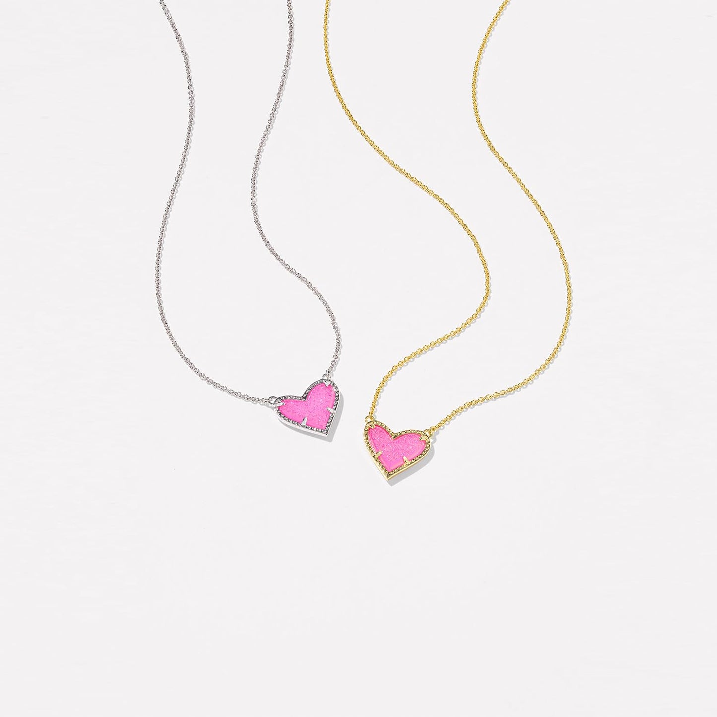 Kendra Scott Ari Heart Pendant Necklace, Rhodium-Plated Brass, Fashion Jewelry for Women, Hot Pink Drusy