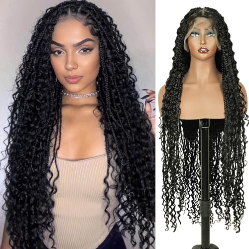 PHOCAS Boho Braid Wig 48'',Knotless Braided Wigs Natural Black,Curly Ended Double Full Lace Box Braids Wig for Women