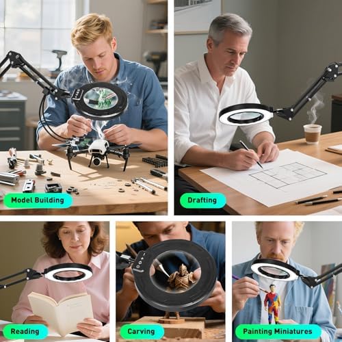 Ultra Long 3-Section Swing Arm 12X Magnifying Glass with Light and Stand, 5 Colors Helping Hands Magnifying Lamp, 4-Way Large Metal Clamp LED Lighted Magnifier Lamp for Craft Workbench Repair