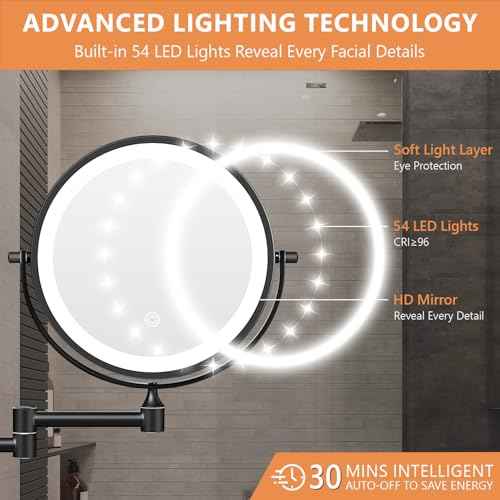 Auxmir 1X/30X Wall Mounted Makeup Mirror with Light, 8" Rechargeable Double-Sided Magnifying Mirror, Vanity Mirror Dimmable 3 Color Light, 360¡Æ Extension Rotation Foldable 14.5 Inch Arm, Black