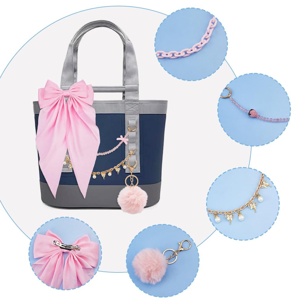 TNKBREEZE Tote Bag Decoration Kit Bag Charms for Tote Bags Pearl Purse Chain with Pink Bowknot Embellishments and Pom Pom Keychain for Women Compatible with YETI Beach Handbag