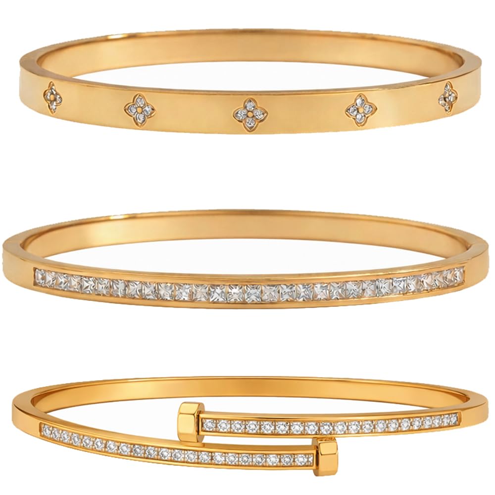 Xigocorsn Gold Bangles Bangle Bracelets Set for Women, genuine gold electroplating 3 Piece Elliptical Design with Cubic Zirconia Accents, 2.36 Inch Diameter, Waterproof Stainless Steel
