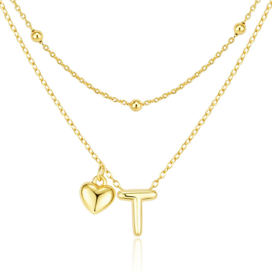 adoyi Gold Heart Initial Necklaces for Women Hers Dainty 14K Gold Plated Heart Layered Letter T Pendant Necklace Stack Trendy Jewelry Birthday Valentines Gifts for Women Jewelry