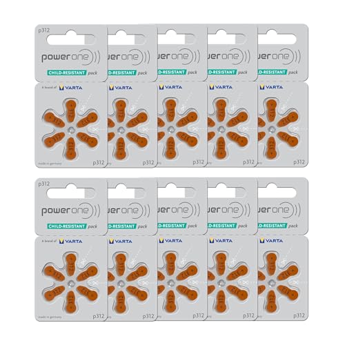 PowerOne Hearing Aid Batteries No Mercury Size 312, PR41 (60 Batteries) + Battery Keychain Kit