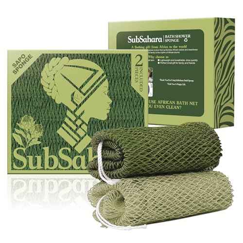 SubSahara Authentic African Net Sponge - 2 Pieces Exfoliating Scrubber for All Skin Types, Bath Sponge for Face & Body, Travel Portable, Durable, Gentle Exfoliation (Olive Green & Light Green)