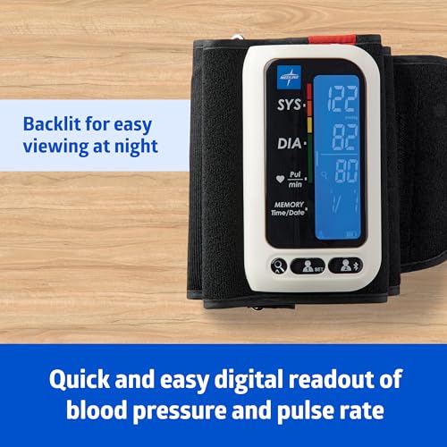 Medline Bluetooth Blood Pressure Monitor, Attached Universal Upper Arm Cuff, Digital LCD Display, Medline Health App Integration, Store Up to 120 Readings, Charger Cable and Carrying Case Included