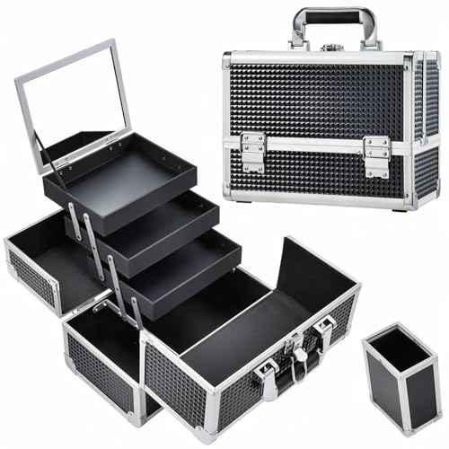 Joligrace Makeup Train Case Makeup Case 3-Tray Cosmetic Box with Mirror, Shine Black, 11.8-in Large Makeup Box with Detachable Brush Holder, Lockable Portable Makeup Travel Organizer Case