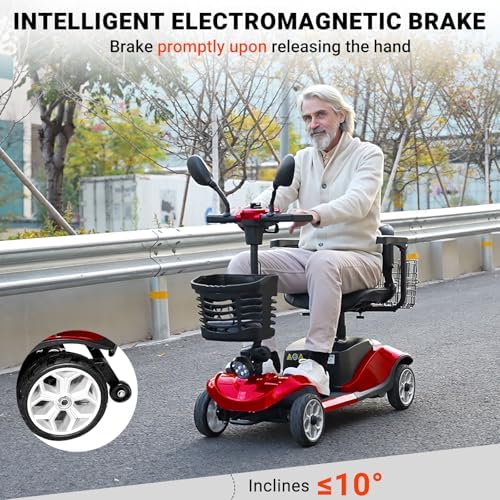 Foldable Mobility Scooters for Seniors, 4 Wheels Electric Mobility Scooter for Adults W/Removable Battery, Removable Basket, LED Headlights and Cup Holder, Charger Included - Red