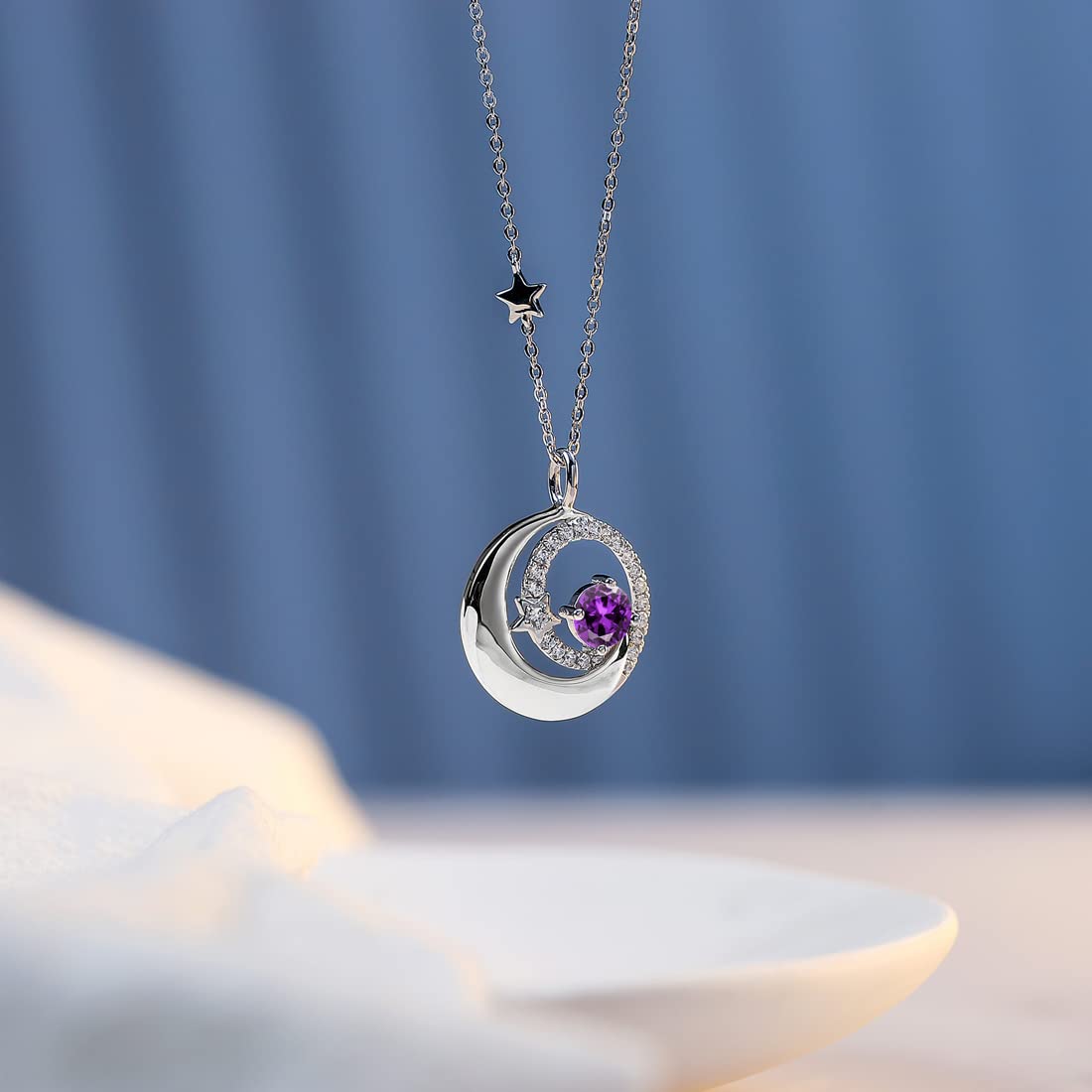 FANCIME 925 Sterling Silver February Birthstone Amethyst Necklace Moon Star Pendant Purple Gemstone Jewelry Birthday Anniversary Mothers Day Gifts for Women Daughter