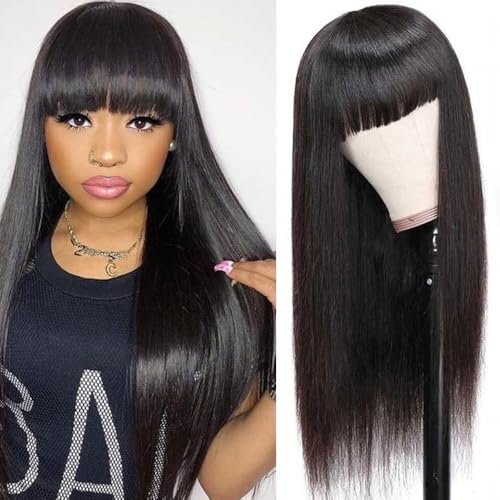 Straight Wigs Human Hair with Bangs 180% Density Brazilian Virgin Human Hair Wigs Glueless Machine Made Wigs for Women None Lace Front Wigs Natural Color 18 Inch