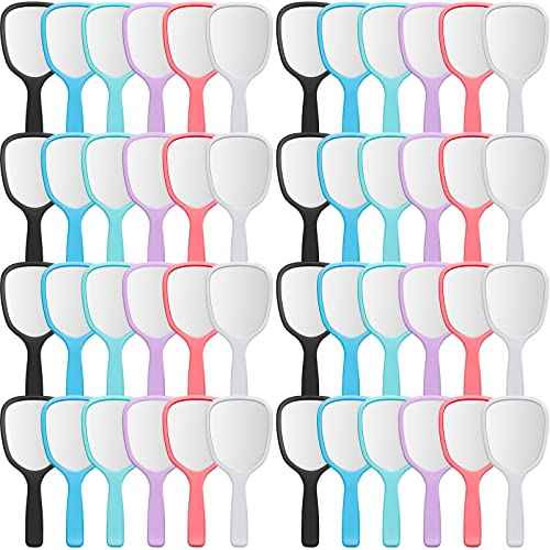 Vinsot 50 Pcs Handheld Mirror Bulk Small Hand Mirrors with Handle Plastic Portable Daily Makeup Tools for Home Travel Camping Daily, 3.15 Inch Wide, 7.09 Inch Long (6 Colors)