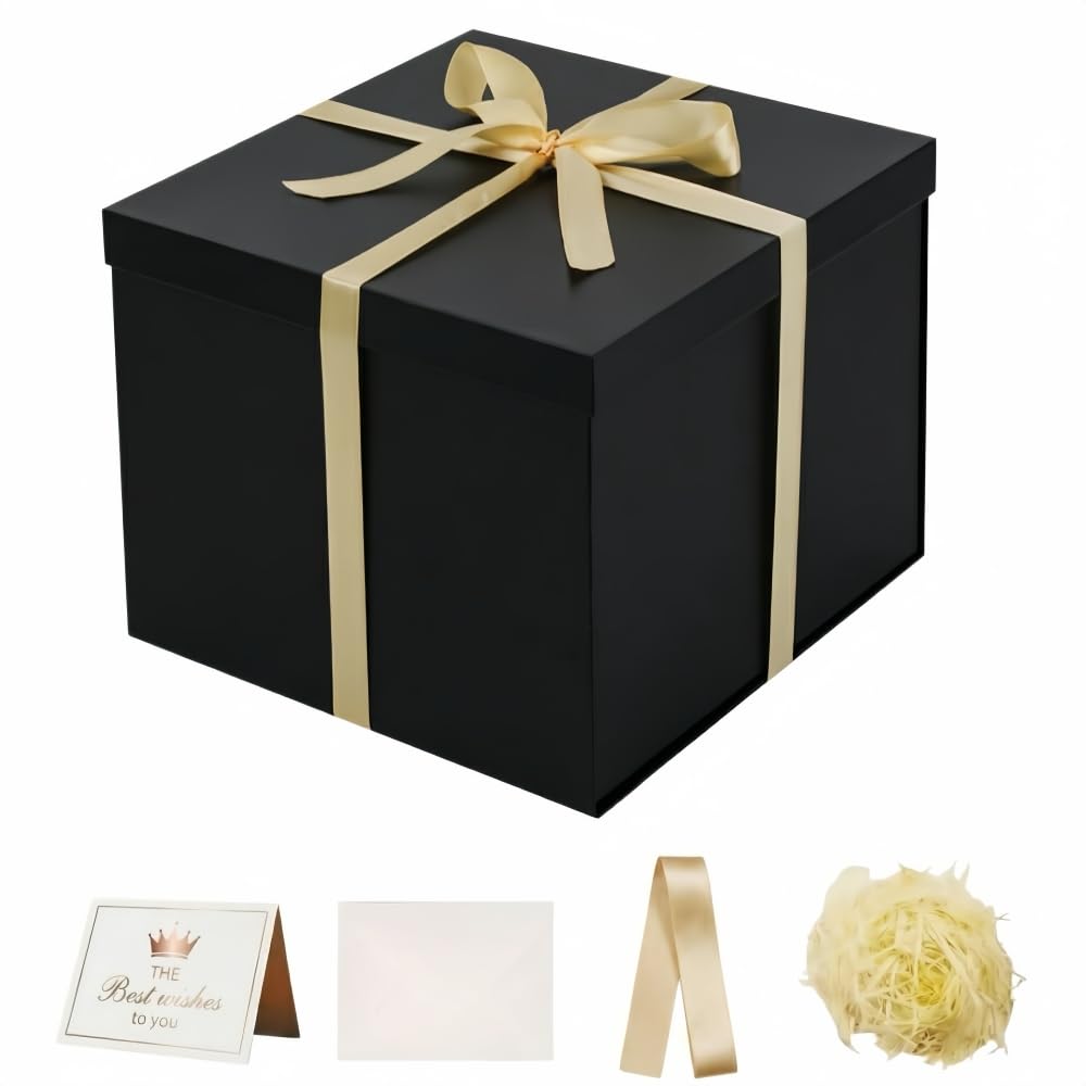 UoeRing Matte Black Large Gift Box 1Pcs 12x12x11 Inch,Gift Box with Lid for Presents Birthdays,Christmas Valentine's Day,Mother's Day, with Ribbon Card Envelope Shredded Paper Fill