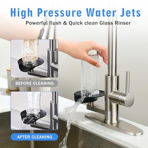 Kitchen Faucet with Glass Rinser, Pull Down Sink Faucet with 3 Spray Modes and High Pressure Glass Rinser, Temperature Display High Arc Stainless Steel Kitchen Faucets (Brushed Nickel)