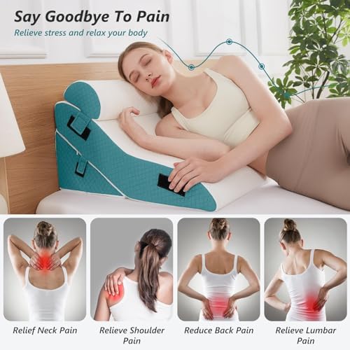 Bed Wedge Pillow Set for Sleeping 3 PCS - 16.5" Wide Triangle Pillow for Back Leg Pain Relief with Washable Cover - 35D Foam Wedge Pillow Post Surgery for Acid Reflux & Snoring (White Blue)