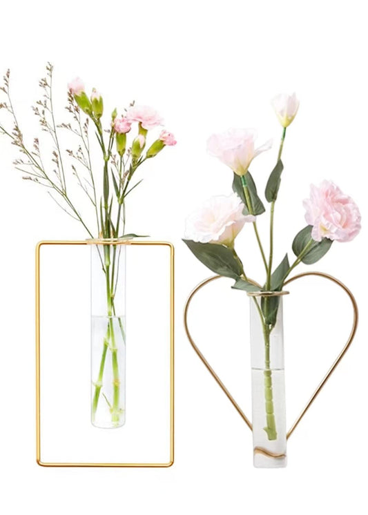 2 Pack Gold Metal Vase,Wall Flower Vase,Geometric Vase,Clear Glass Vase Hydroponic Hanging Plants,Decorative Vase for Fridge,Window,Home,Party (Gold 2)