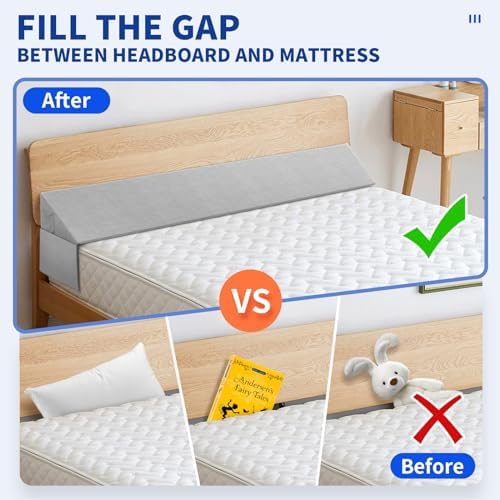 Bed Wedge Pillow for Headboard Gap, Queen Size Bed Wedge Gap Filler Mattress Wedge Filler(0-8") Triangle Bloster Pillow Wedge with 2 Side Pocket (60"x10"x6")