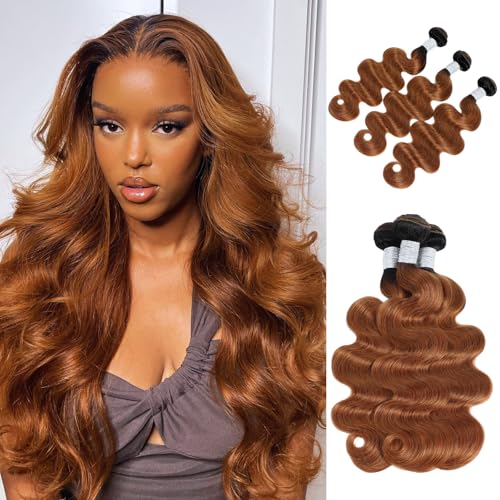 ALHER T1B/30 Human Hair Bundles Body Wave, 12A Ombre Brown Colored 3 Bundles Dark Root Two-tone, 100% Brazilian Virgin Remy Human Hair for Black Women Soft Thick Wavy 14 16 18 Inch