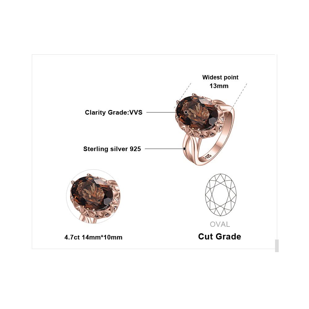 JewelryPalace Huge Oval Shape 5.7ct Genuine Smoky Quartz Cocktail Rings for Her, 14K Rose Gold Plated 925 Sterling Silver Ring for Women, Natural Gemstone Jewelry Sets Rings 6