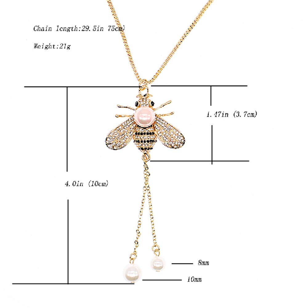 Honey Bee Necklace Crystal Insect Themed Bee Necklace Animal Fashion Shell Pearl Long Necklaces Gold Tone for Women Jewelry(Pink pearl nceklace)
