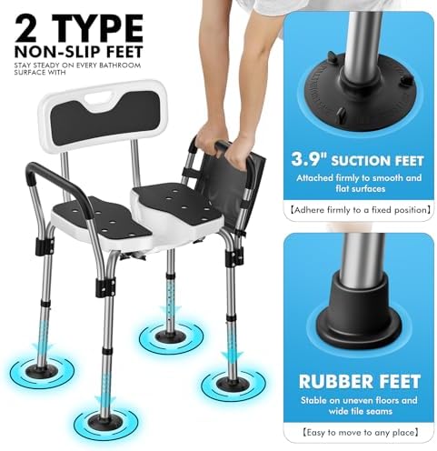 FORTEMOTUS Shower Chair for Inside Shower 400 lbs, Shower Chair for Elderly and Disabled with U Shaped Seat, Padded Arms and Back, Adjustable Height for Bathtub, Bathroom