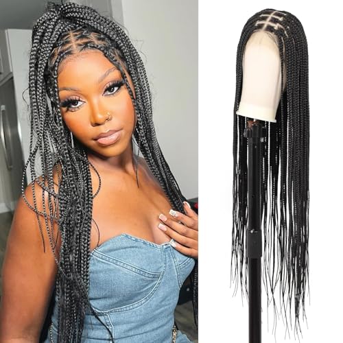 360¡Æ HD Full Lace Knotless Braided Wigs for Women Box Braid Wig with Baby Hair Braided Lace Front Wigs Premium Synthetic Braid Wig Long Black 36"