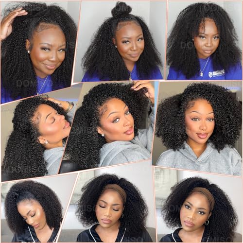 Domiso Afro Kinky Curly 3 In 1 Half Wig Human Hair Seamless Kinky Curly Flip Over Invisible Hairline Glueless Install Drawstring Band Clip in Wig No Sew In Black Color Bob Wig16 Inch