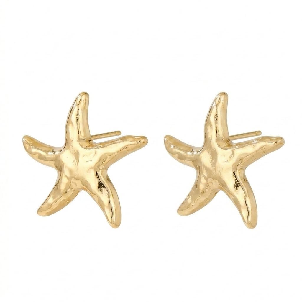 Starfish Earrings For Women Summer Ear Ring Beach Jewelry For Women Gold Tone Statement Earrings With Textured Hammered Surface Finish Nautical Themed Accessories For Vacation Party Gifts
