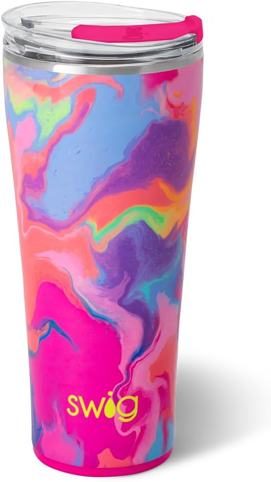 Swig Life 32oz Insulated Tumbler, Travel Coffee Tumbler with Lid, Cup Holder Friendly Travel Coffee Mug, Stainless Steel, 32 oz, Reusable Insulated Mug with Lid (Candy Crush)
