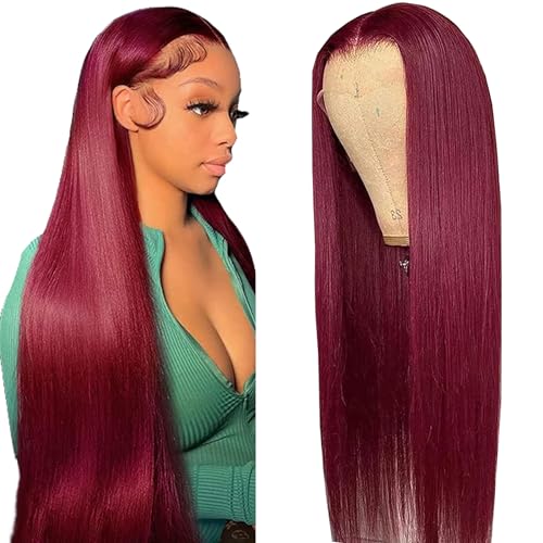 99j Burgundy 26 Inch Straight Wig Human Hair 13x6 Hd Lace Front Human Hair Wigs For Black Women Glueless Lace Front Wigs Pre Plucked 180% Density Red Wig