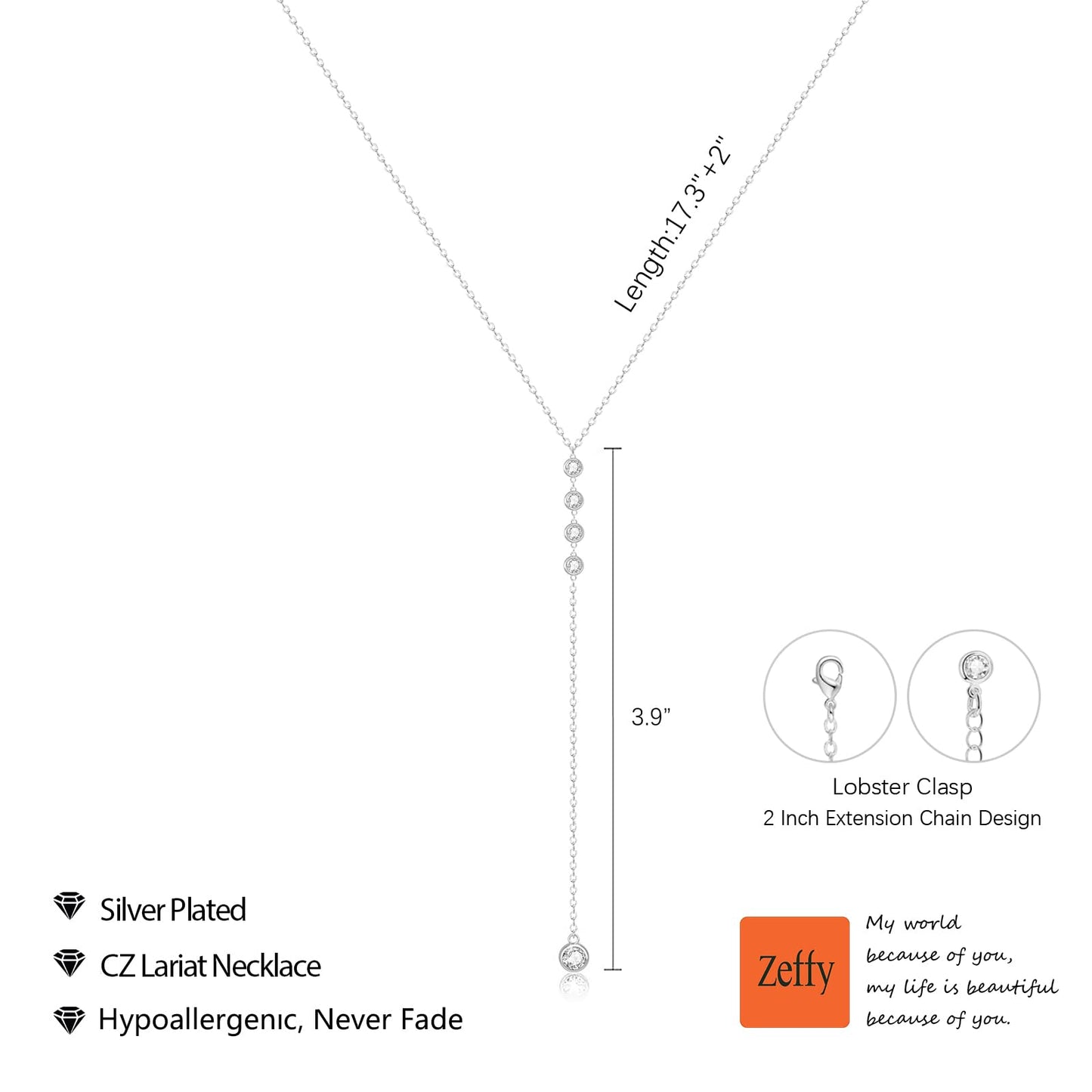 Zeffy Long Silver Necklace for Women - Dainty Silver Teardrop Drop Lariat Necklace Trendy Simple CZ Y-Shaped Body Chain Wedding Prom Dangle Statement Necklace Jewelry Gifts