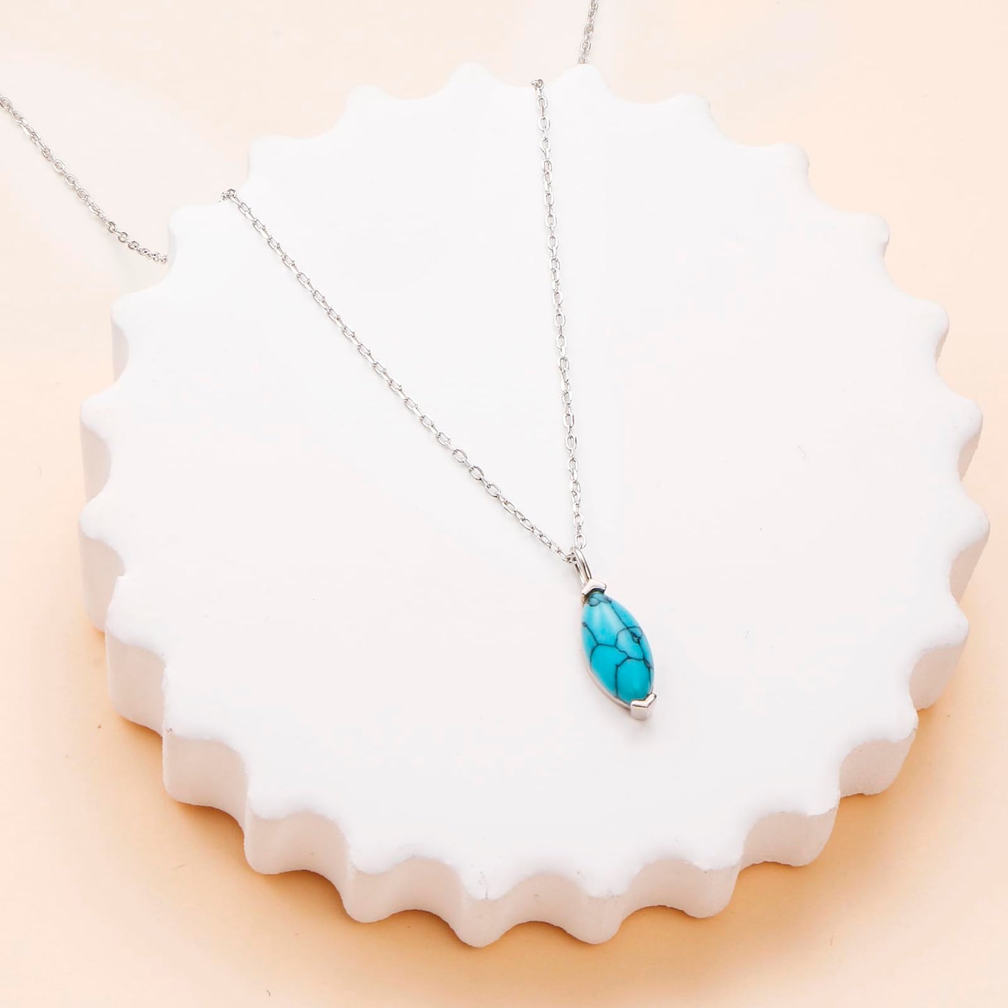 FLYOW Dainty Marquise Necklace 925 Sterling Silver Solitaire Turquoise Pendant Jewelry for Women Birthday Gifts (Turquoise Marquise)