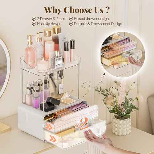 Delamu Bathroom Counter Organizer 2-Drawers 2-Tier Acrylic Makeup Organizer for Vanity Countertop, Skincare Perfume Storage, Easy Assembly, Ideal Gift for Women, Bath Linen Sets, Clear