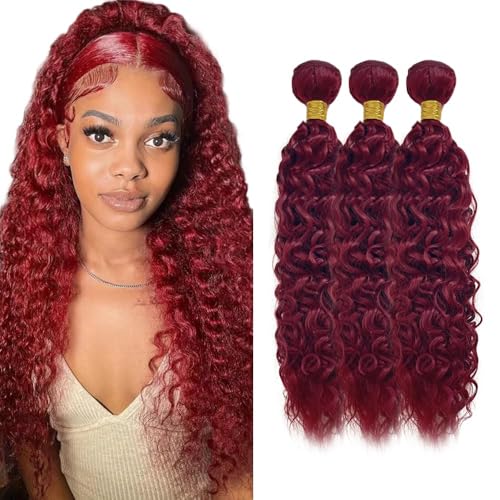 Augfst Brazilian Virgin Human Hair Bundles Burgundy 99J Water Wave Curly Human Hair Bundles 18 20 22 inch Unprocessed Brazilian Wine Red Quick Weave Hair for Black Women