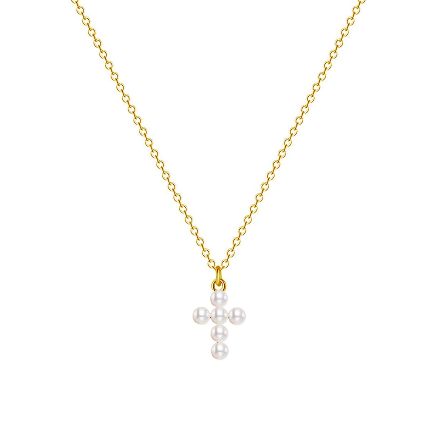 Zeffy Cross Necklace for Women,18k Gold Plated Pearl Necklace Tiny Cross Necklace for Women Simple Layered Cross Necklaces