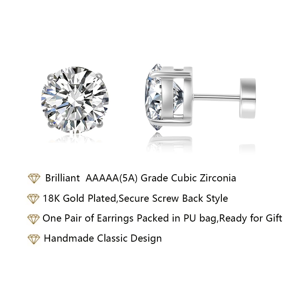 Hypoallergenic Flat Back 5A CZ Stud Earrings,Gold Plated Surgical Steel Secure Screw Back Cartilage Earrings for Women Men with Sensitive Ears | Multiple Piercing,4mm White CZ