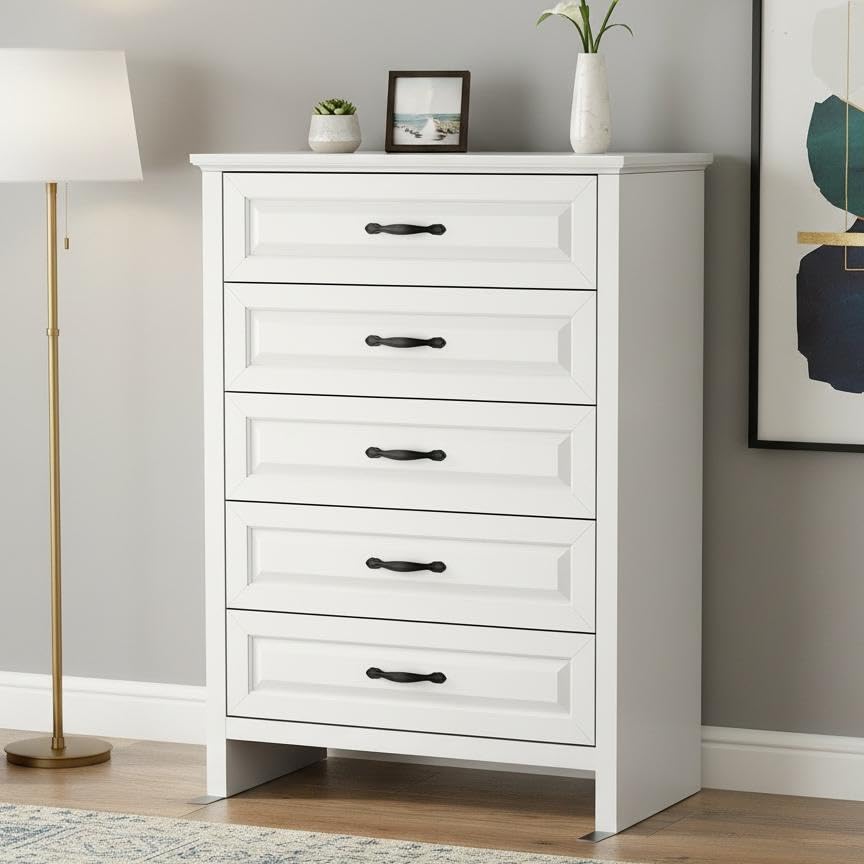 Marsail Farmhouse 5 Drawer Dresser, Wood Chest of Drawers with Natural Texture, Smooth Gliding Drawers, Versatile Storage Organizer Cabinet for Bedroom & Living Room, White