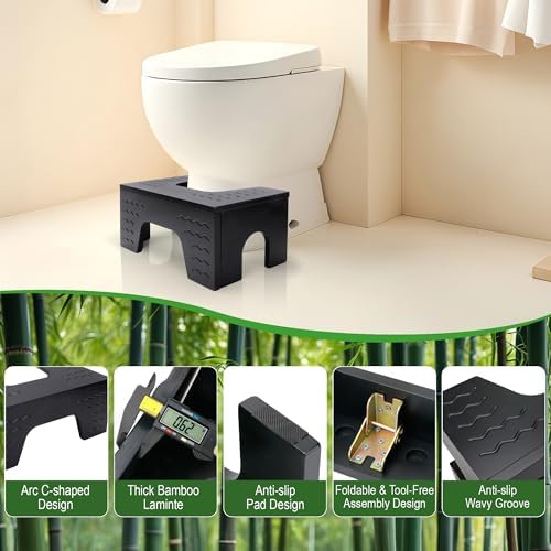 All New Foldable Toilet Stool Squat, 7" & 9" Adjustable Heights Bamboo Flip Poop Stool for Adults and Kids with Non-Slip Layer to Improve Bathroom Posture and Comfort, No Assembly Required