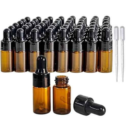 50Pcs Amber Glass Mini Dropper Bottle 1/3ml Amber Essential Oil Bottles Vials Travel Cosmetic Sample Container Liquid Perfume Eye Droppers Bottle (3ml)