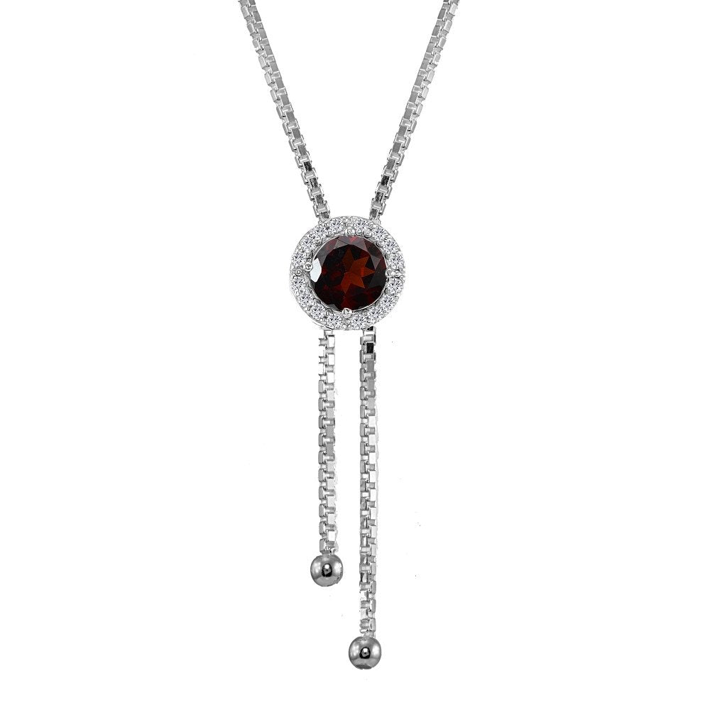 GemStar USA Sterling Silver Garnet and White Topaz Round Halo Drop Adjustable Lariat Necklace
