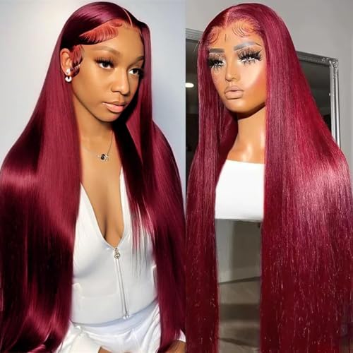 99j Burgundy Lace Front Wigs Human Hair 26 Inch 13x4 Straight HD Lace Front Wig Pre Plucked Wine Red Colored Glueless Lace Frontal Human Hair Wigs for Women