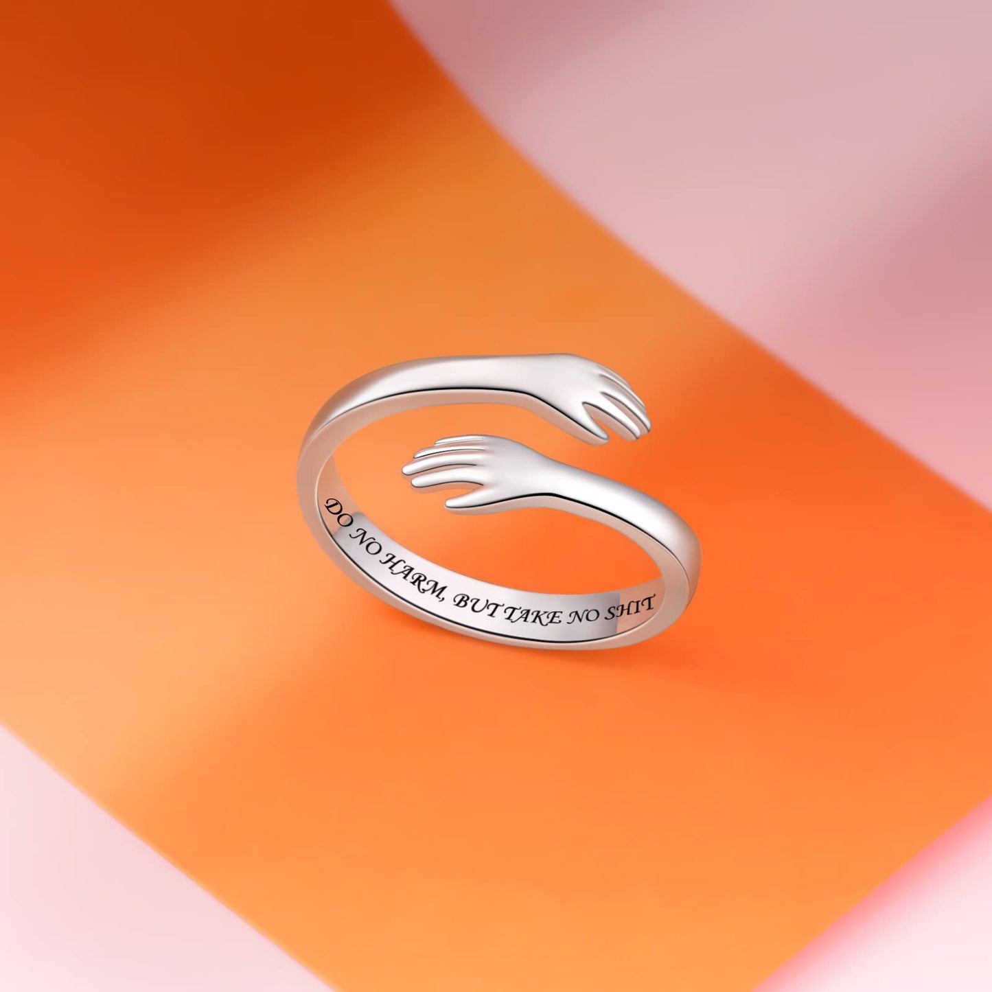 ACJFA Hug Rings for Women Sterling Silver Adjustable Ring for Women Daughter Hand Ring Jewelry for Birthday Gifts Holiday Gift for Teens(DO NO HARM,BUT TAKE NO SHIT)