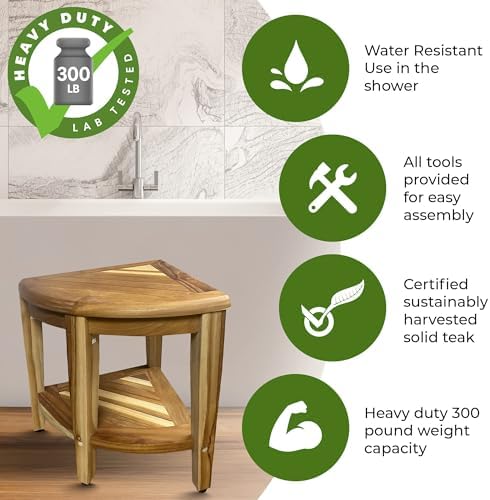 EcoDecors 18” Teak Corner Shower Stool –Waterproof Bench, Space-Saving Bathroom Seat | Compact Teak Shower Stool for Inside Shower | Sturdy 300 Pound Capacity with Shelf & Adjustable Feet